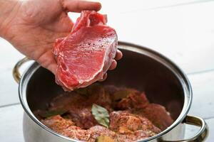 Close up of chefs hands spicing the meat photo