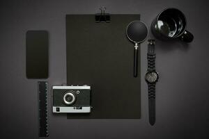 Still life, business, office supplies or education concept. Read photo