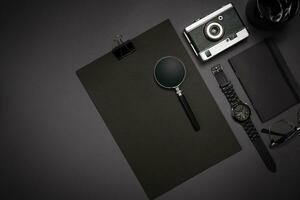 Still life, business, office supplies or education concept. Read photo