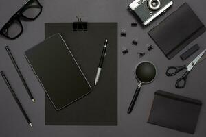 Workplace with office items and business elements on a desk. Concept for branding. Top view. photo