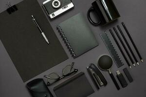 Workplace with office items and business elements on a desk. Concept for branding. Top view. photo