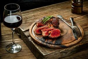 Grilled ribeye beef steak with red wine, herbs and spices on wooden table photo