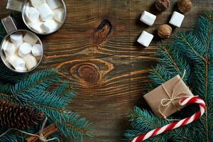 Cocoa with marshmallow, chocolate and spruce branches on a wooden background photo