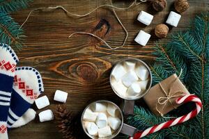 Cocoa with marshmallow, chocolate and spruce branches on a wooden background photo