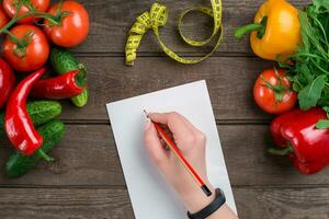 concepto dieta, adelgazar plan con vegetales parte superior ver burlarse de arriba foto