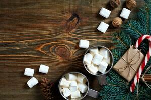 Cocoa with marshmallow, chocolate and spruce branches on a wooden background photo