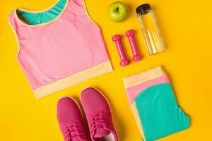 Top view, flat lay. Mockup. Sports and fitness background. photo