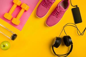 Athlete's set with female clothing, dumbbells and bottle of water on yellow background photo