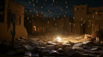 Night view of Timbuktu Manuscripts. Generative AI photo