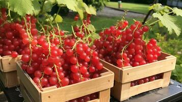 Freshly picked Red currant fruit from garden placed in the boxes. Generative AI photo