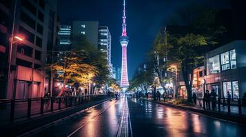 noche ver de tokio cielo arbol. generativo ai foto