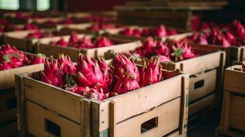 Freshly picked Red pitahaya fruit from garden placed in the boxes. Generative AI photo