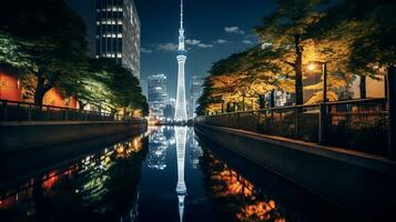 noche ver de tokio cielo arbol. generativo ai foto