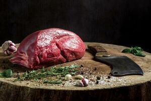 Juicy raw beef steak on wooden table photo