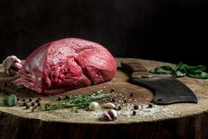 Juicy raw beef steak on wooden table photo