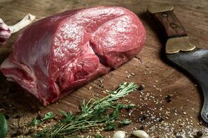 Juicy raw beef steak on wooden table photo