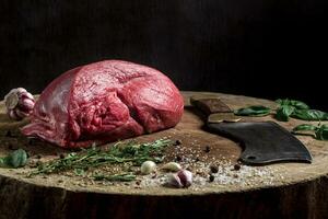 Juicy raw beef steak on wooden table photo