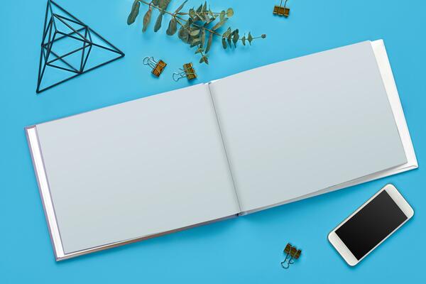 Cellphone, empty open notebook, binder clips, iron figurine of triangle with cube and green twig on blue background. Close up, copy space