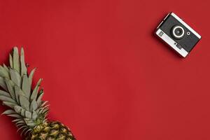 Old vintage camera and ripe pineapple against red studio background. Close up, copy space. Top view photo