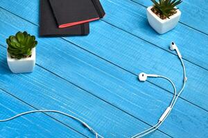 White earphones, two black notebooks and green succulents in pots on blue wooden tabletop or background. Close up, copy space photo