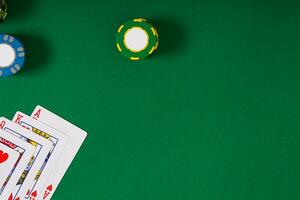 Banner template layout mockup for online casino. Green table, top view on workplace. photo