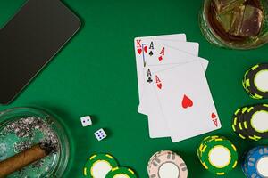 Set to playing poker with cards and chips on green background photo