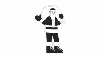 Gift bag Santa Claus waving hand bw cartoon animation. Merry Christmas bearded old man 4K video motion graphic. Traditional costume 2D monochrome line animated character isolated on white background