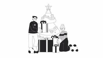 attente Noël journée bw dessin animé animation. Nouveau année tradition 4k vidéo mouvement graphique. content couple emballage Noël présente 2d monochrome ligne Animé personnages isolé sur blanc Contexte video