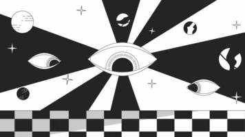 sensationnel psychédélique monde bw contour 2d animation. Années 70 rétro en train de regarder plus de yeux trippant 4k vidéo mouvement graphique. étoiles planètes. hippie délirer surréaliste monochrome linéaire Animé dessin animé plat concept video