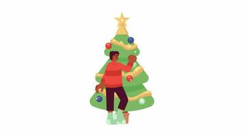 African american boy decorating Xmas tree 2D character animation. Hanging decor flat cartoon 4K video, transparent alpha channel. Black male teen holding bauble animated person on white background video