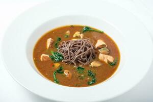 Healthy Miso Soup with buckwheat noodles, turkey and seafood. photo