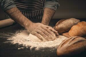 Male hands knead the dough. photo