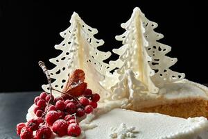 invierno pastel cubierto con blanco Formación de hielo, con pintado casa en el bosque, arboles y rojo serbal. foto