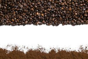 White background with coffee beans and ground coffee on below and above photo