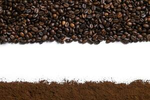 White background with coffee beans and ground coffee on below and above photo