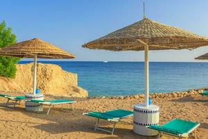 Sun umbrellas and empty deckchairs on the shore sand beach photo
