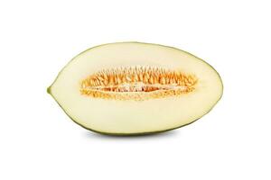 Half of delicious green tendral melon in cross-section, isolated on white background with copy space for text or images. Side view. Close-up shot. photo