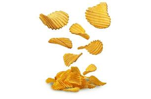 Potato crisps falling down, isolated on white background with copy space for text or images. Crispy, palatable chips. Advertising. Close-up. photo