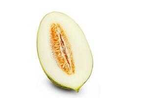 Half of delicious green tendral melon in cross-section, isolated on white background with copy space for text or images. Side view. Close-up shot. photo