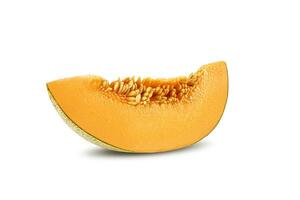 Slice of delicious cantaloupe melon in a cross-section, isolated on white background with copy space for text or images. Side view. Close-up shot. photo