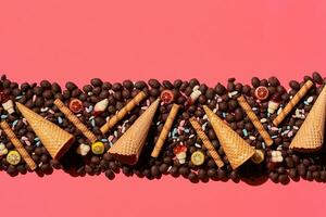Chocolate dragee and waffle cones placed in fascinating order on coral background, view from above photo