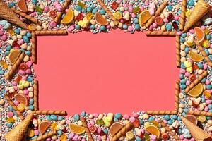 Multicolored glazed dragees and other sweets are arranged in the form of a frame on a coral background. photo