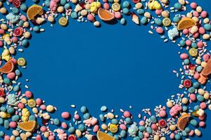 Photo of candies dragee placed on the perimeter of image with a copy space in the middle