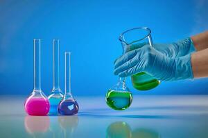 Hands in disposable gloves pouring green liquid from beaker into medical flask. Colorful chemical reagents, blue background. Pandemic of Coronavirus photo