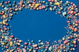 Photo of candies dragee placed on the perimeter of image with a copy space in the middle