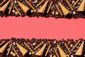Chocolate dragee and waffle cones placed in fascinating order on coral background, view from above photo