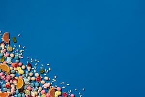 Photo of candies dragee placed on the corner of image with a copy space in the middle