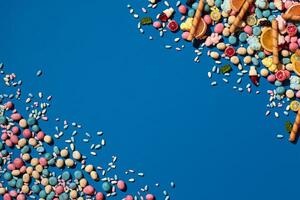 Photo of dragee candies placed on the opposite corners of image with a copy space in the middle