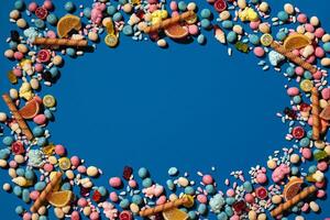 Photo of candies dragee placed on the perimeter of image with a copy space in the middle