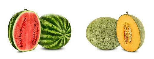 Green watermelon and cantaloupe melon with halves in cross-section, isolated on white, copy space. Juicy red and yellow flesh with seeds. Close-up. photo